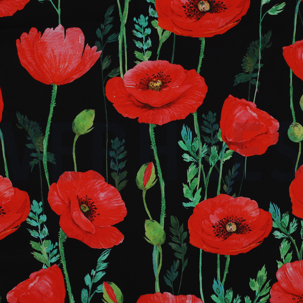 FINE POPLIN DIGITAL POPPY FLOWERS BLACK (high resolution)