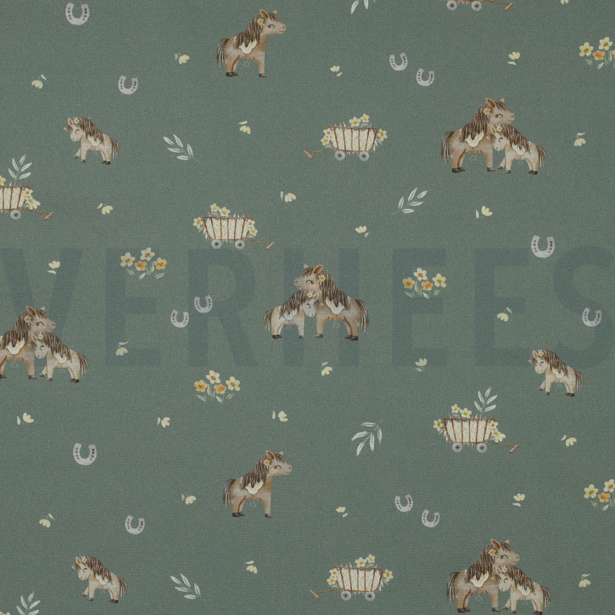 FINE POPLIN DIGITAL SWEET HORSES GREEN (high resolution)