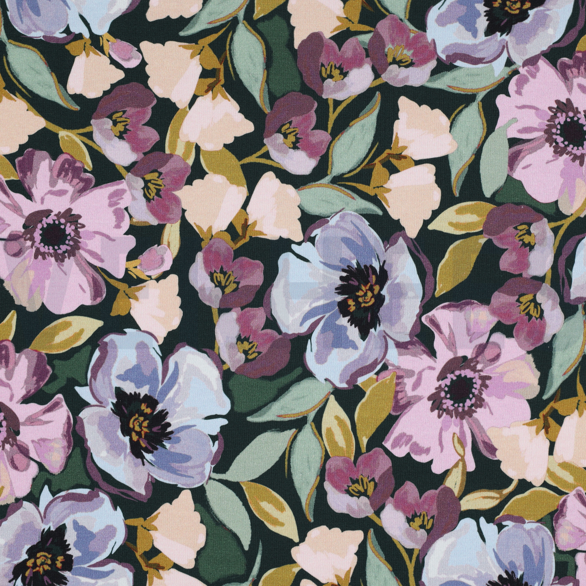 FRENCH TERRY DIGITAL FLOWERS DARK GREEN (high resolution)