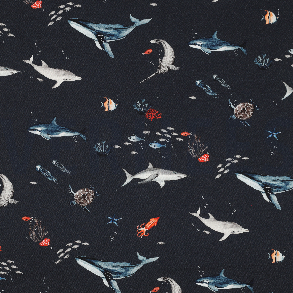 FINE POPLIN DIGITAL OCEAN ANIMALS NAVY (high resolution)