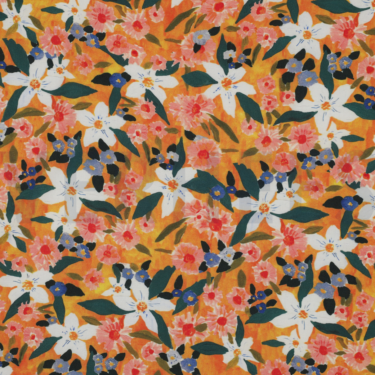 VISCOSE POPLIN STRETCH DIGITAL FLOWERS ORANGE (high resolution)