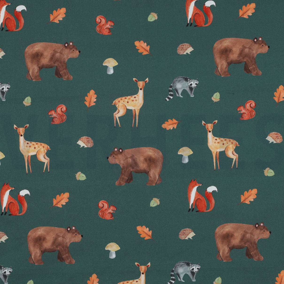 FINE POPLIN DIGITAL FOREST ANIMALS DARK GREEN (high resolution)