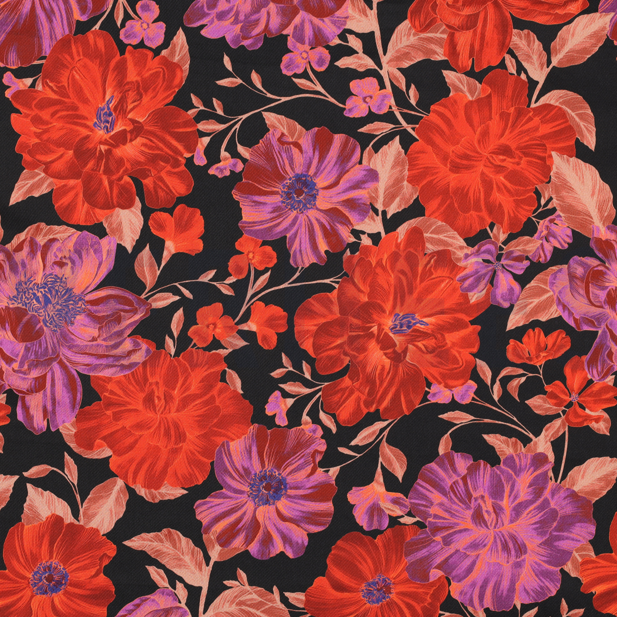 COTTON SATIN DIGITAL FLOWERS BLACK / RED (high resolution)