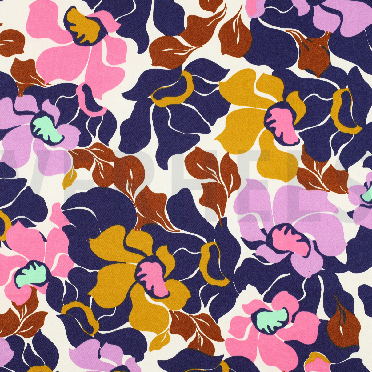 COTTON SATIN ABSTRACT FLOWERS NAVY / PINK (high resolution)