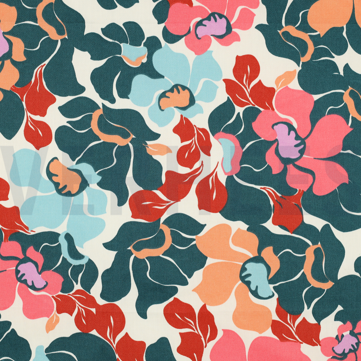 COTTON SATIN ABSTRACT FLOWERS DARK GREEN / PEACH (high resolution)