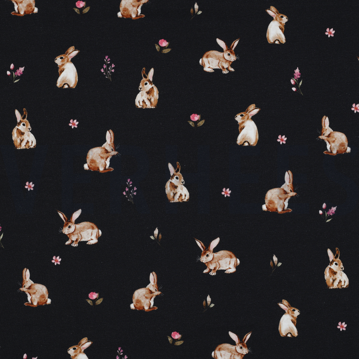 JERSEY DIGITAL RABBITS AND FLOWERS NAVY (high resolution)