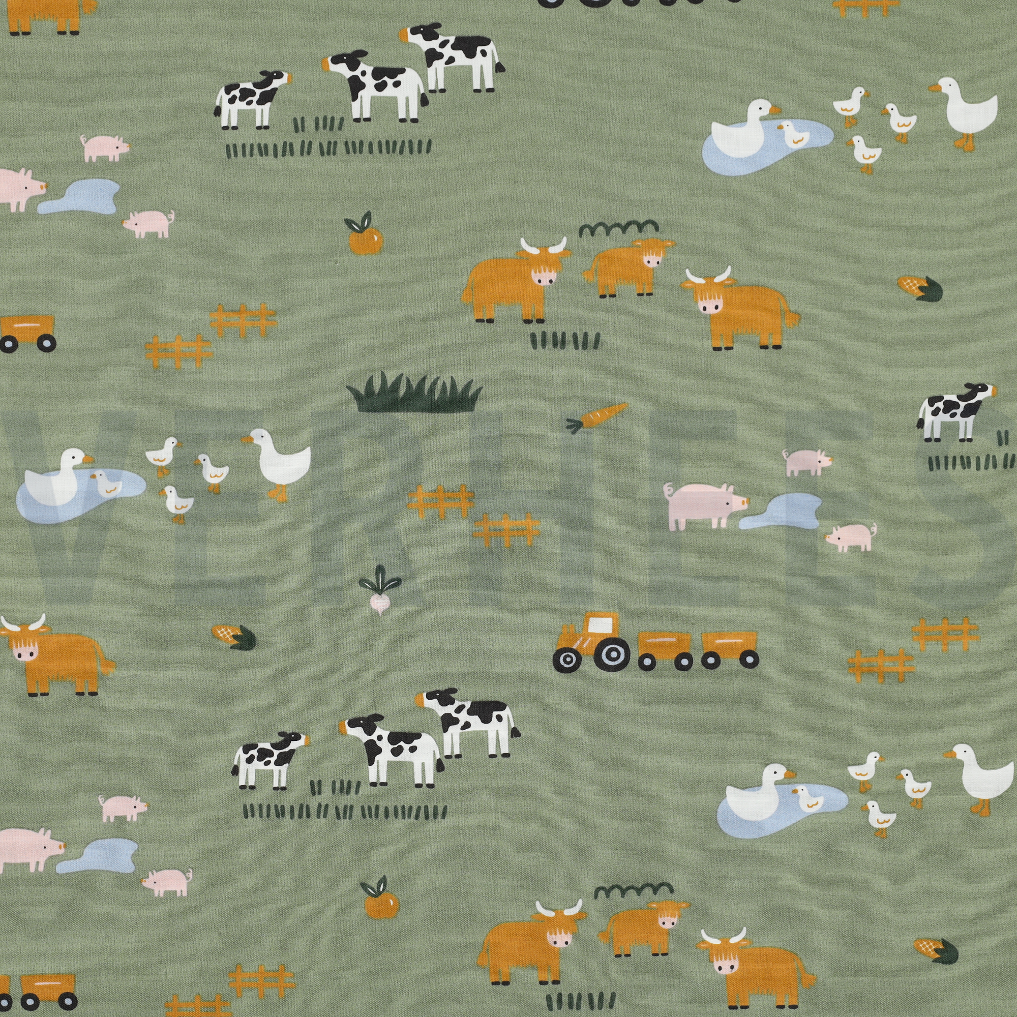 FINE POPLIN FARM ANIMALS ARMY GREEN (high resolution)