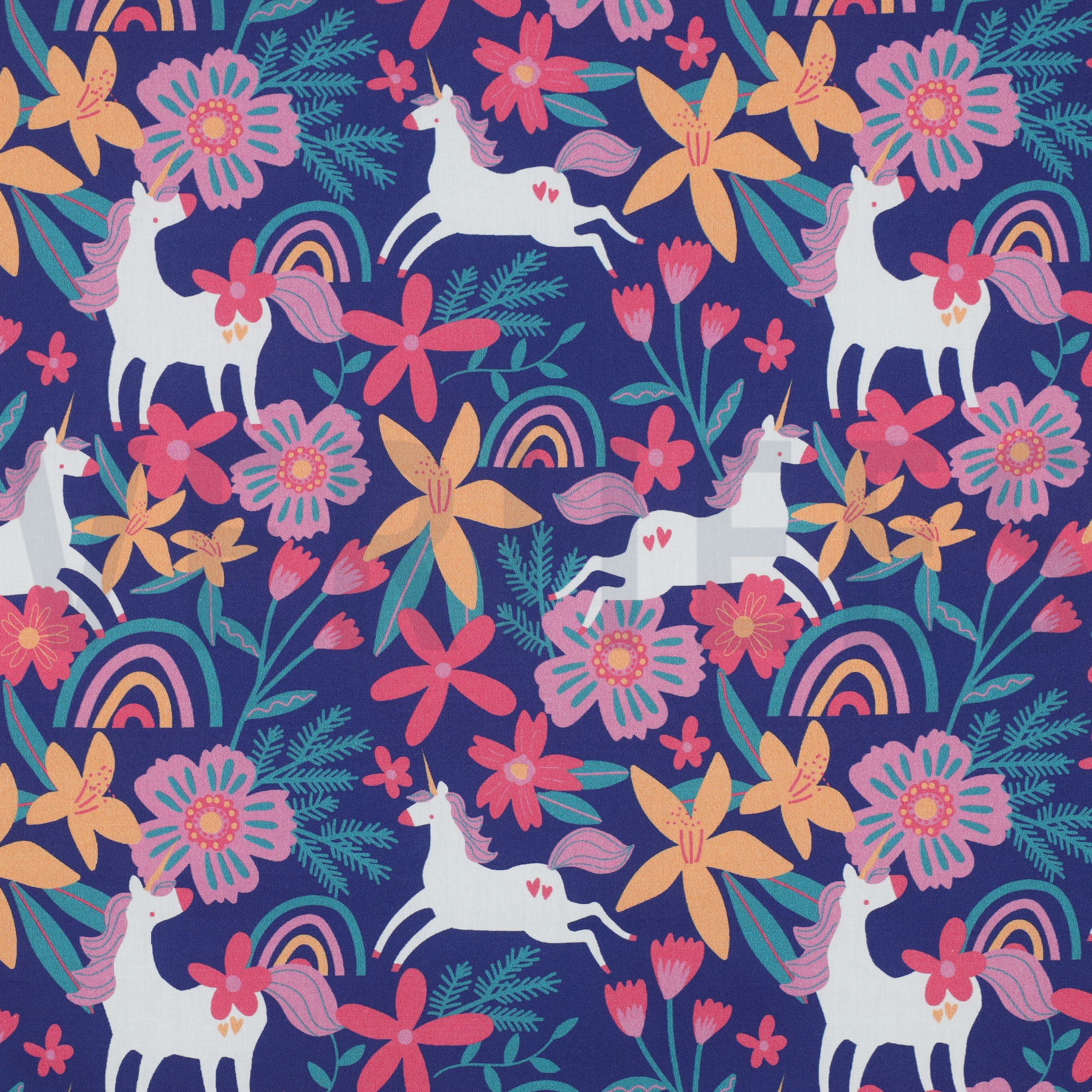 FINE POPLIN FLOWERS AND UNICORNS COBALT (high resolution)