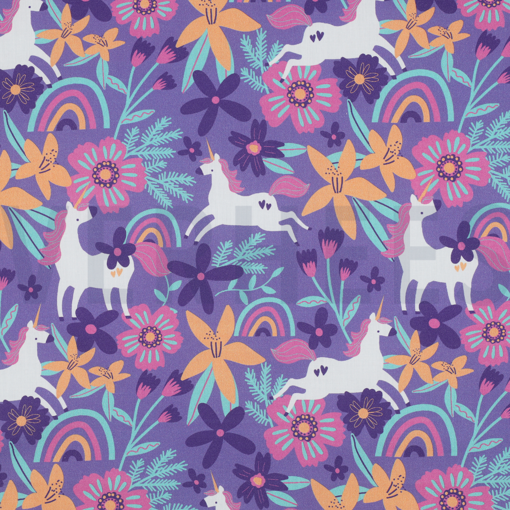 FINE POPLIN FLOWERS AND UNICORNS LAVENDER (high resolution)