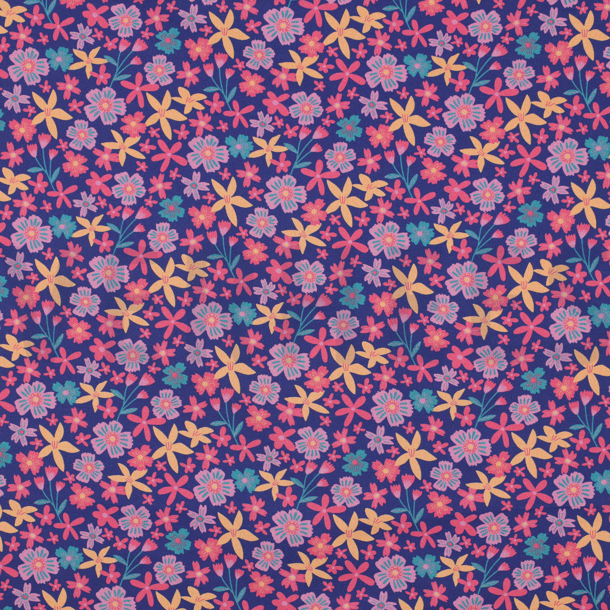 FINE POPLIN FLOWERS AND UNICORNS COBALT (high resolution)