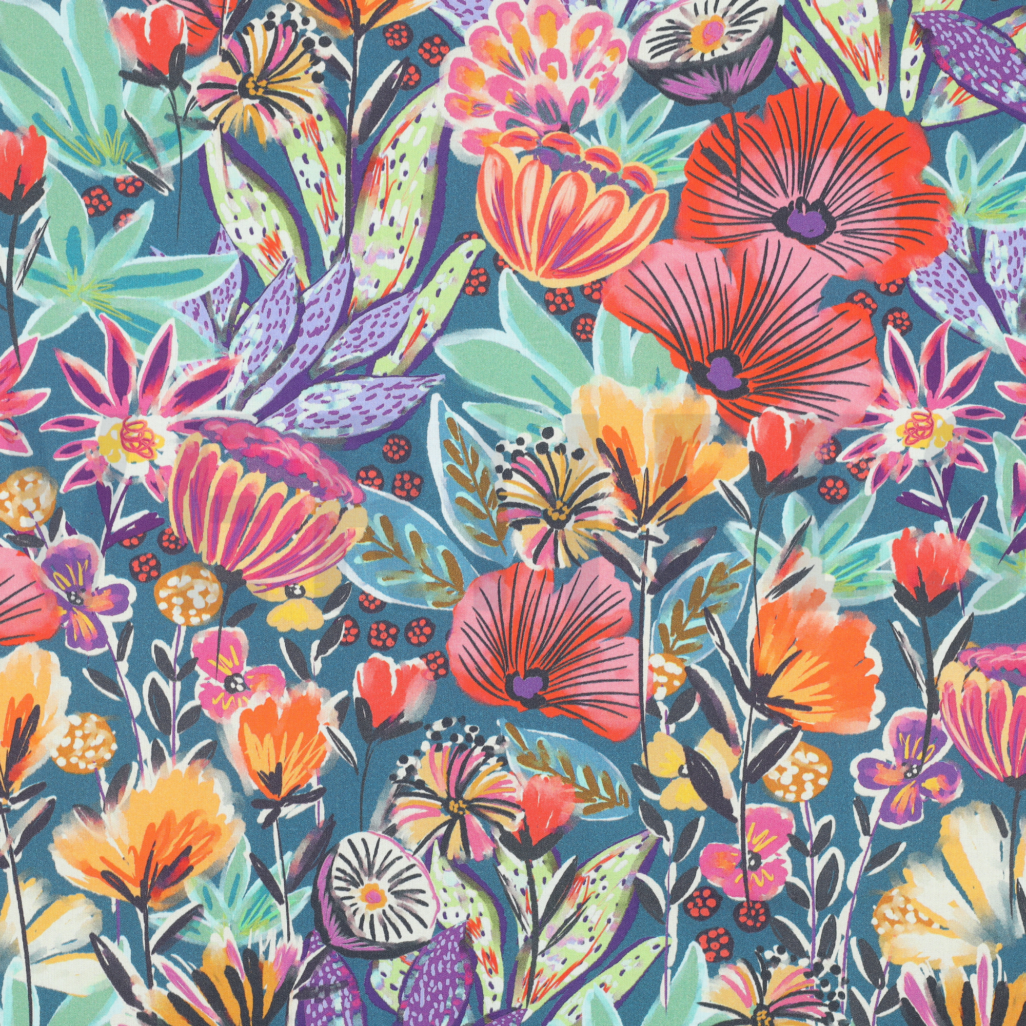 FINE POPLIN DIGITAL FLOWERS PETROL (high resolution)