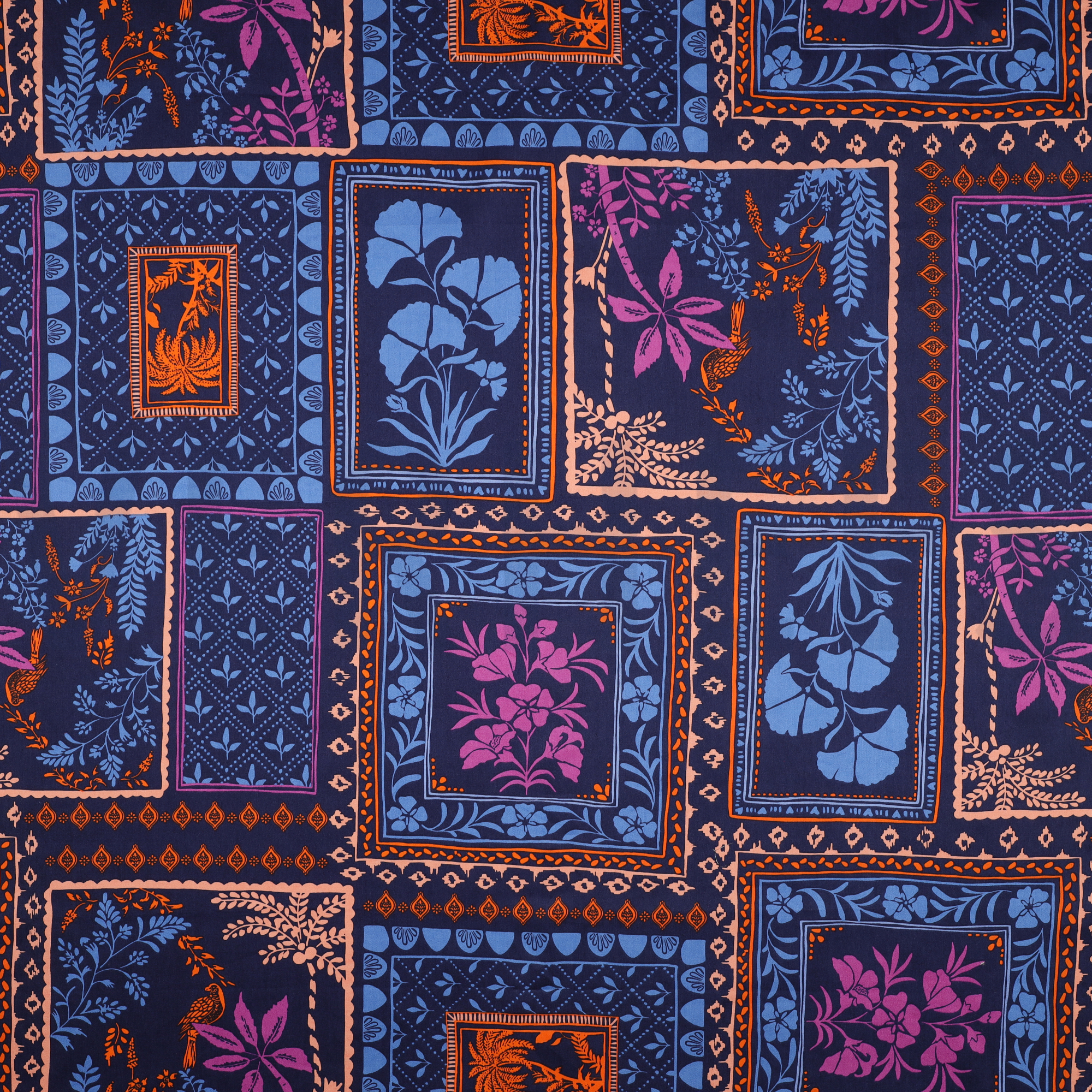 COTTON SATIN PATCHWORK FLOWERS NAVY (high resolution)