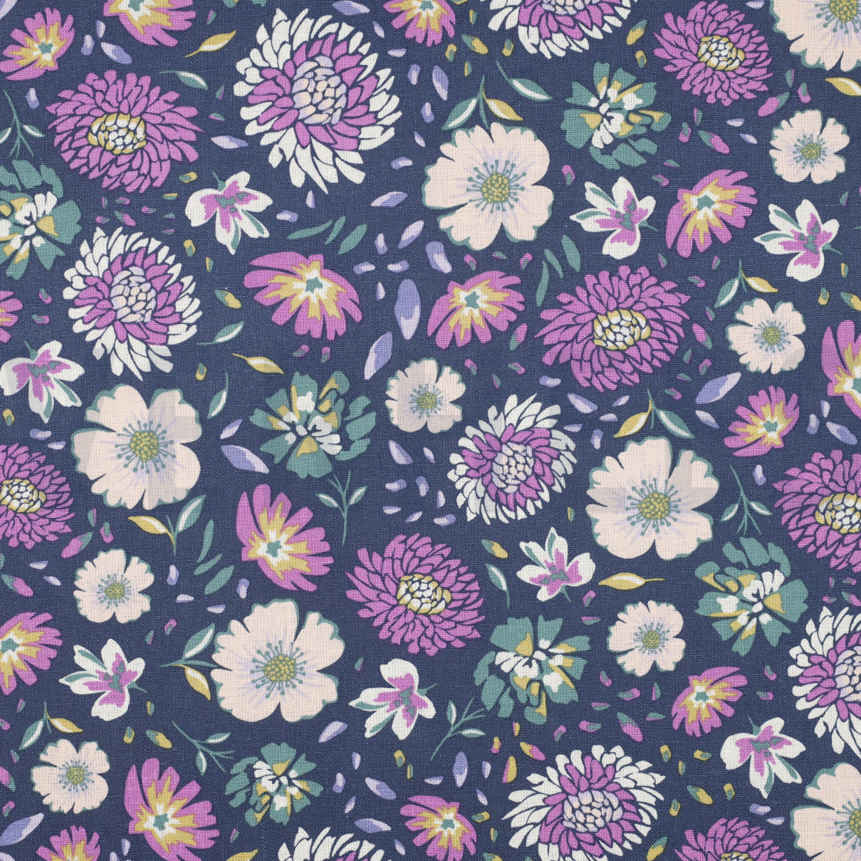 LINEN VISCOSE WASHED FLOWERS MARINE (high resolution)