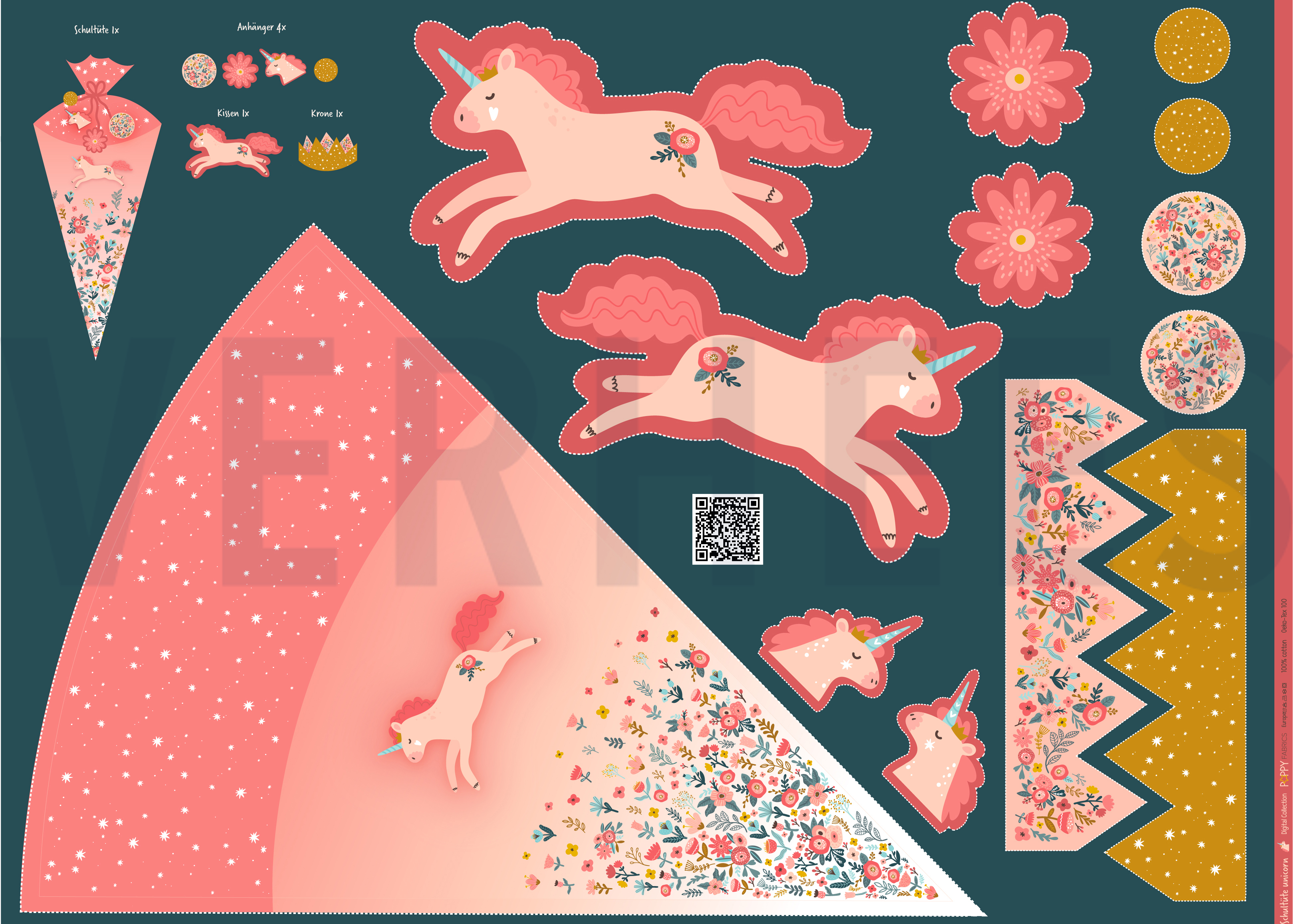 POPLIN DIGITAL SCHULTÜTE UNICORN PANEL CORAL (high resolution)