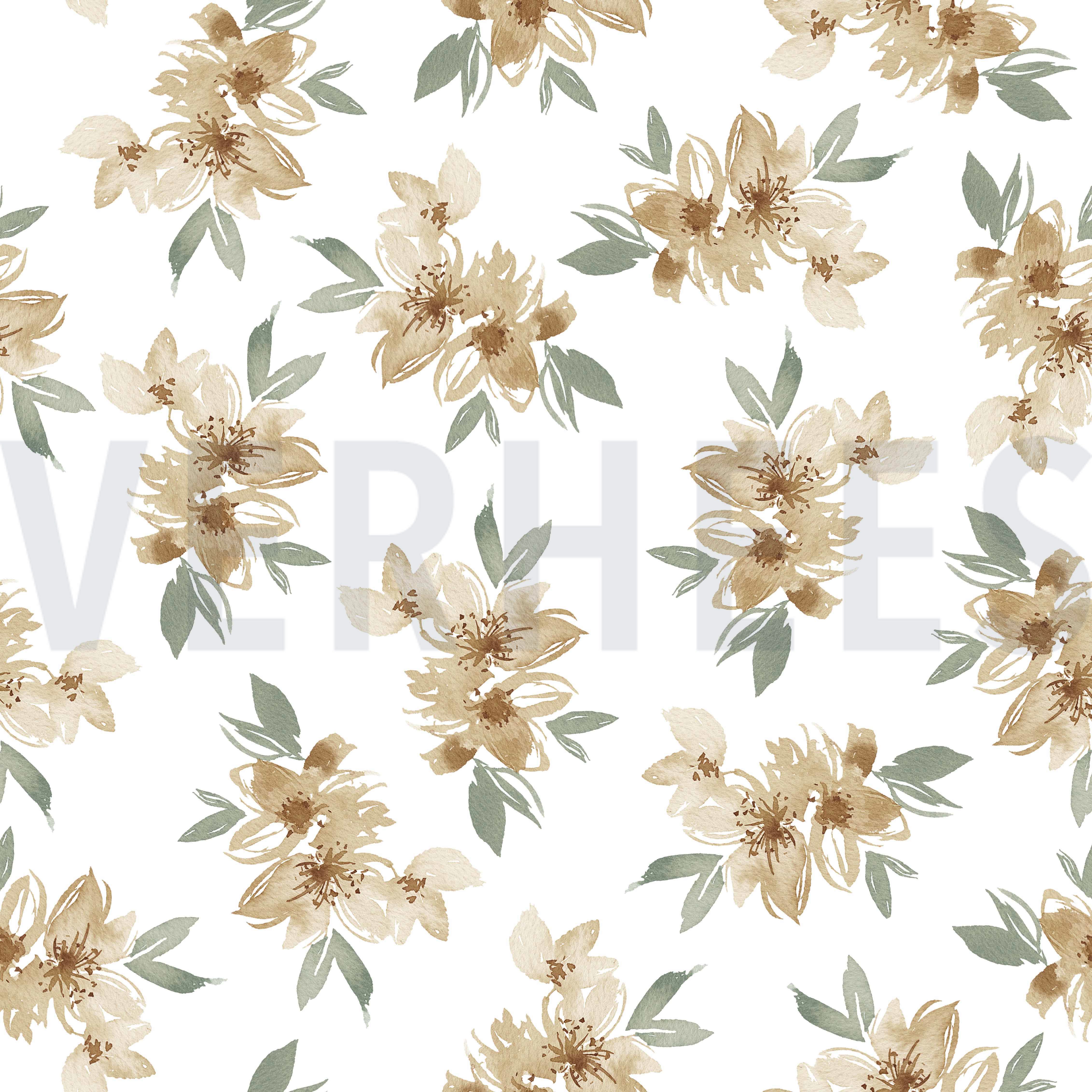 JERSEY DIGITAL FLOWERS AND LEAVES WHITE/GREEN (high resolution)