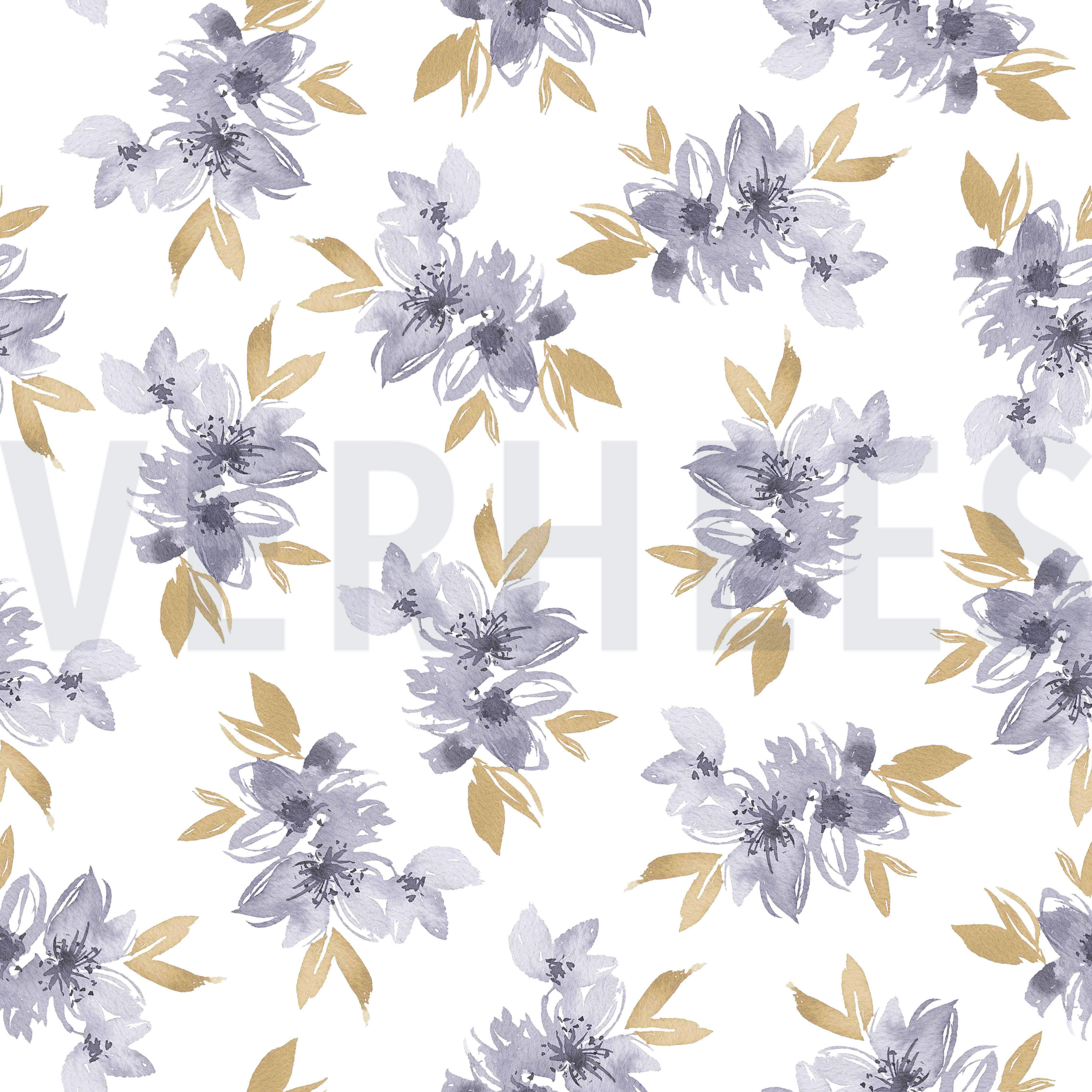 JERSEY DIGITAL FLOWERS AND LEAVES WHITE/ LAVENDER (high resolution)