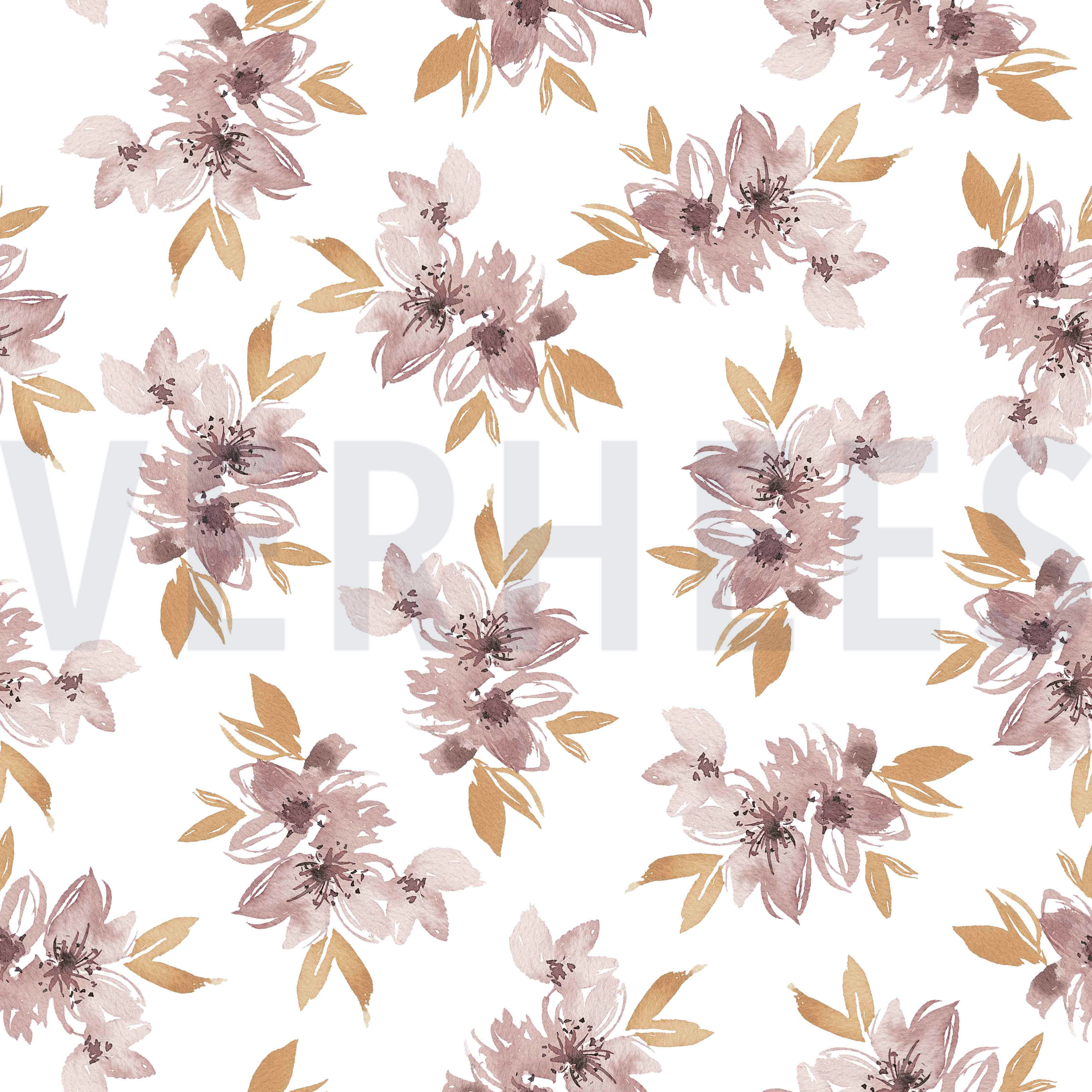 JERSEY DIGITAL FLOWERS AND LEAVES WHITE/OLD BLUSH (high resolution)