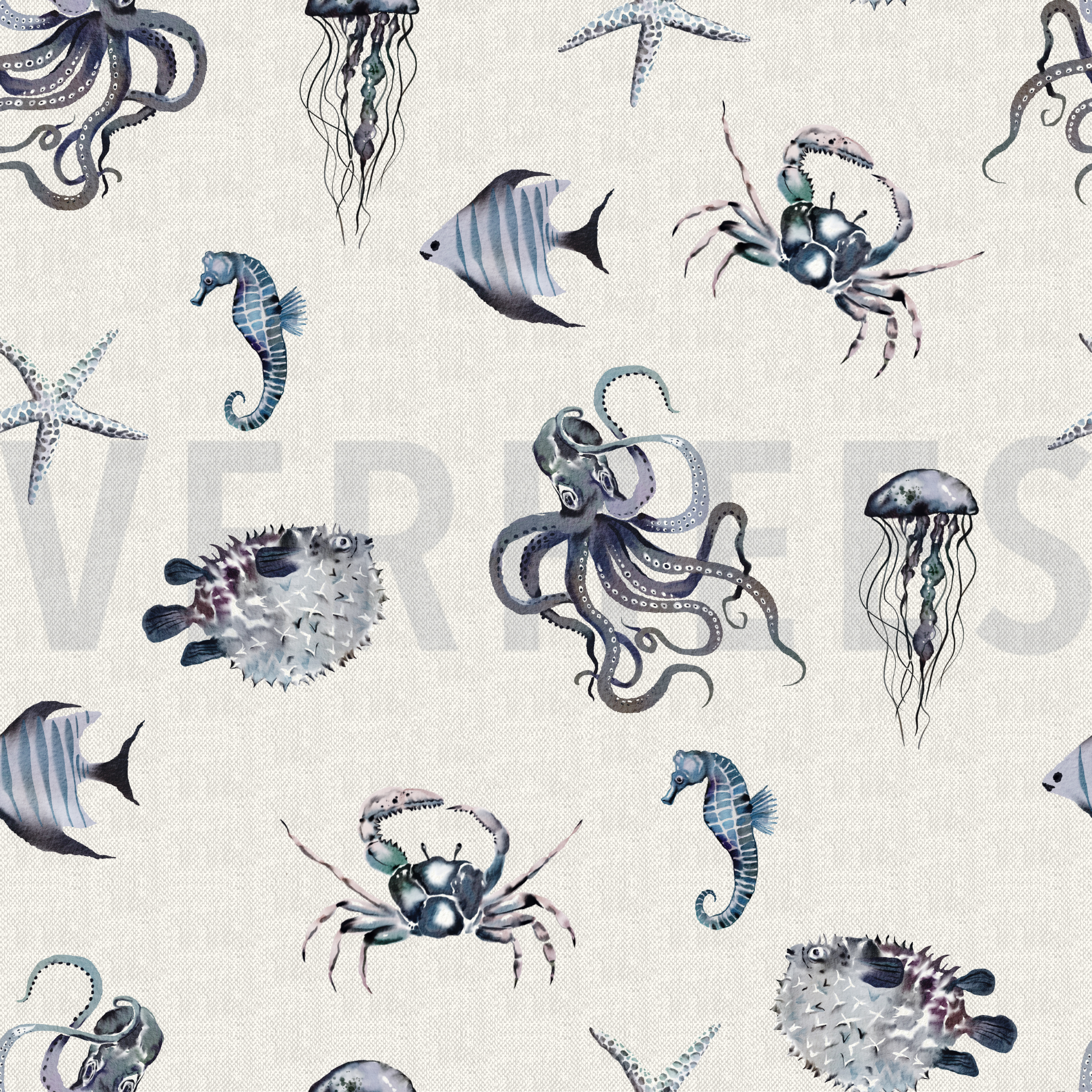 CANVAS DIGITAL UNDERWATER ANIMALS LINEN - LOOK LIGHT GREY (high resolution)