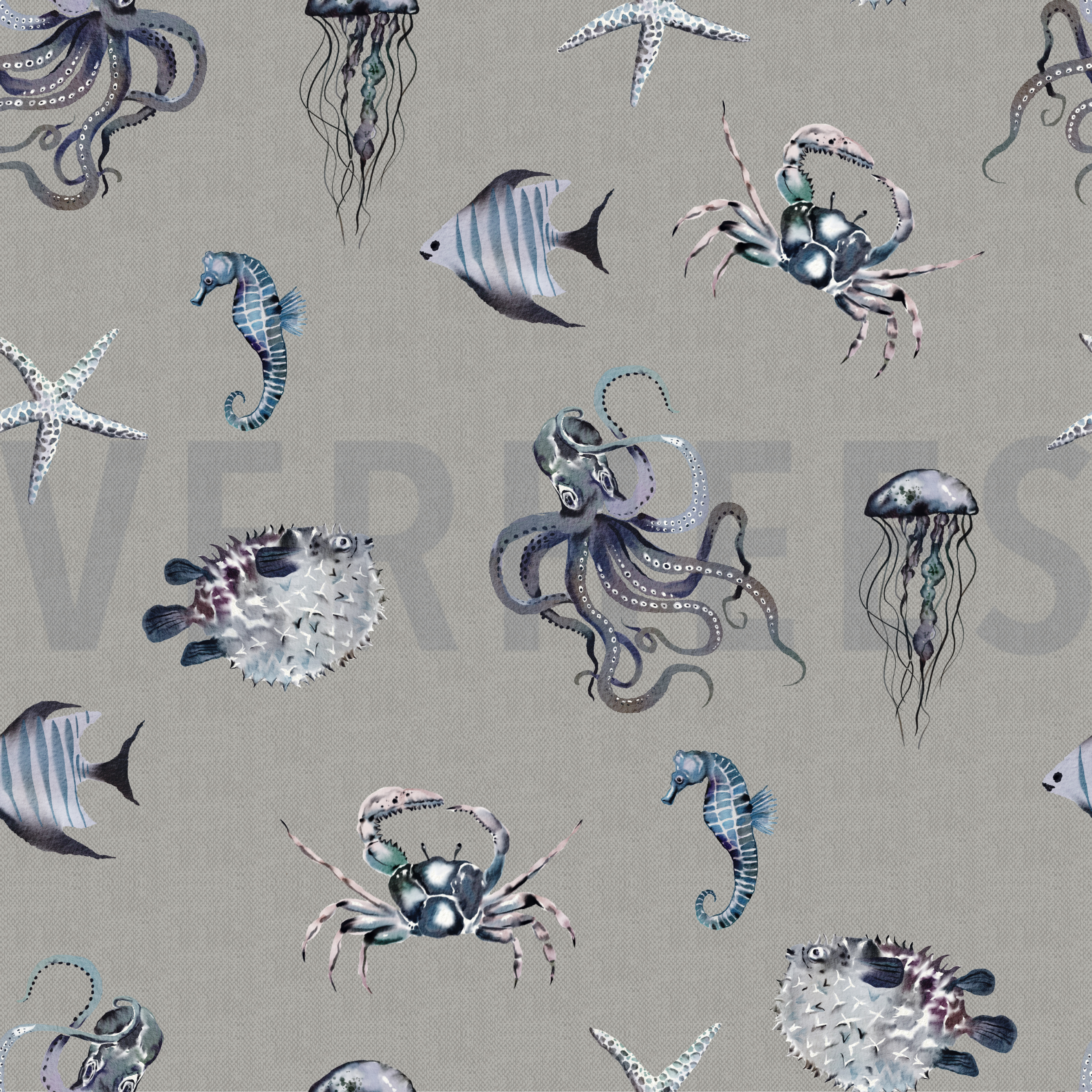 CANVAS DIGITAL UNDERWATER ANIMALS LINEN - LOOK  GREY (high resolution)