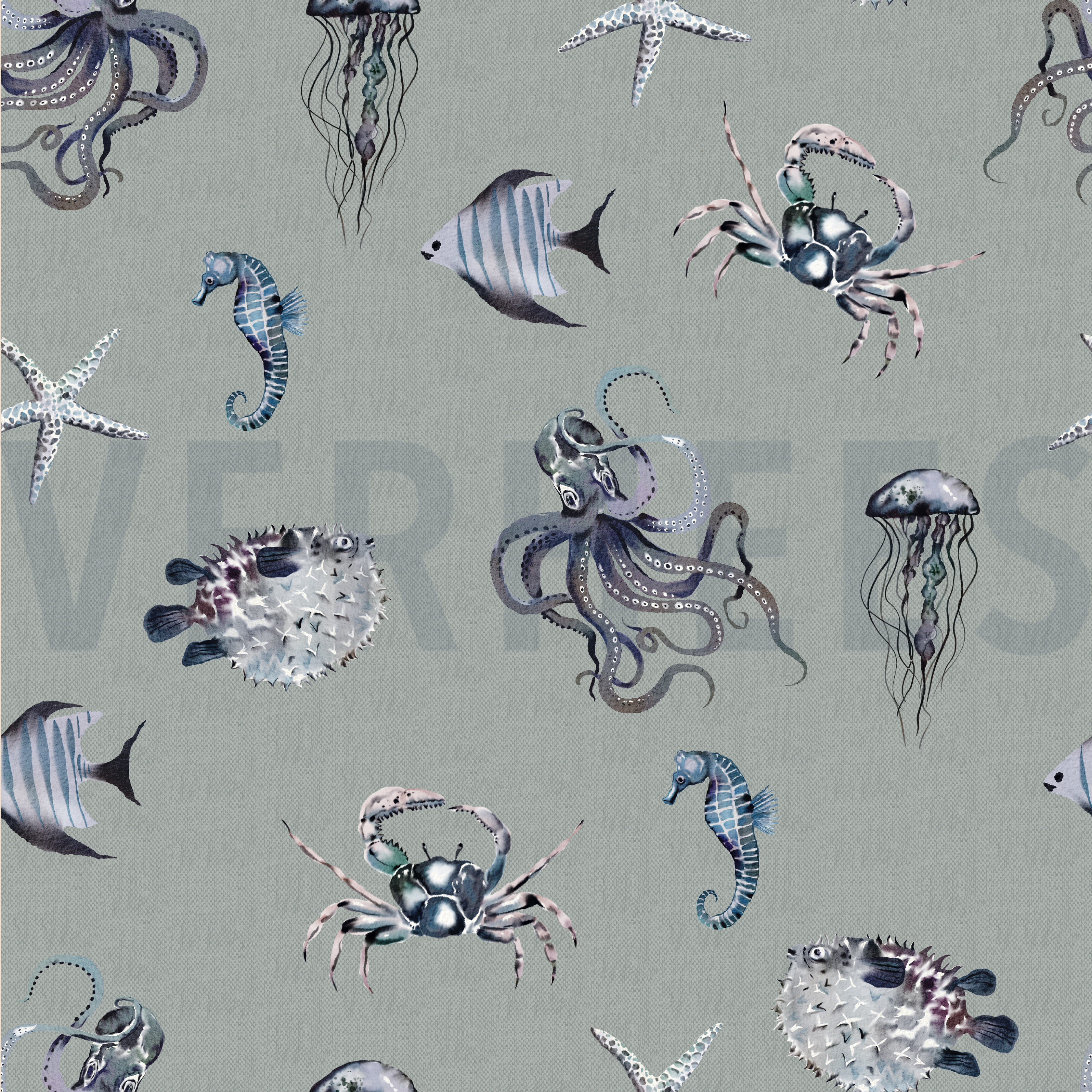 CANVAS DIGITAL UNDERWATER ANIMALS LINEN - LOOK  MINT (high resolution)