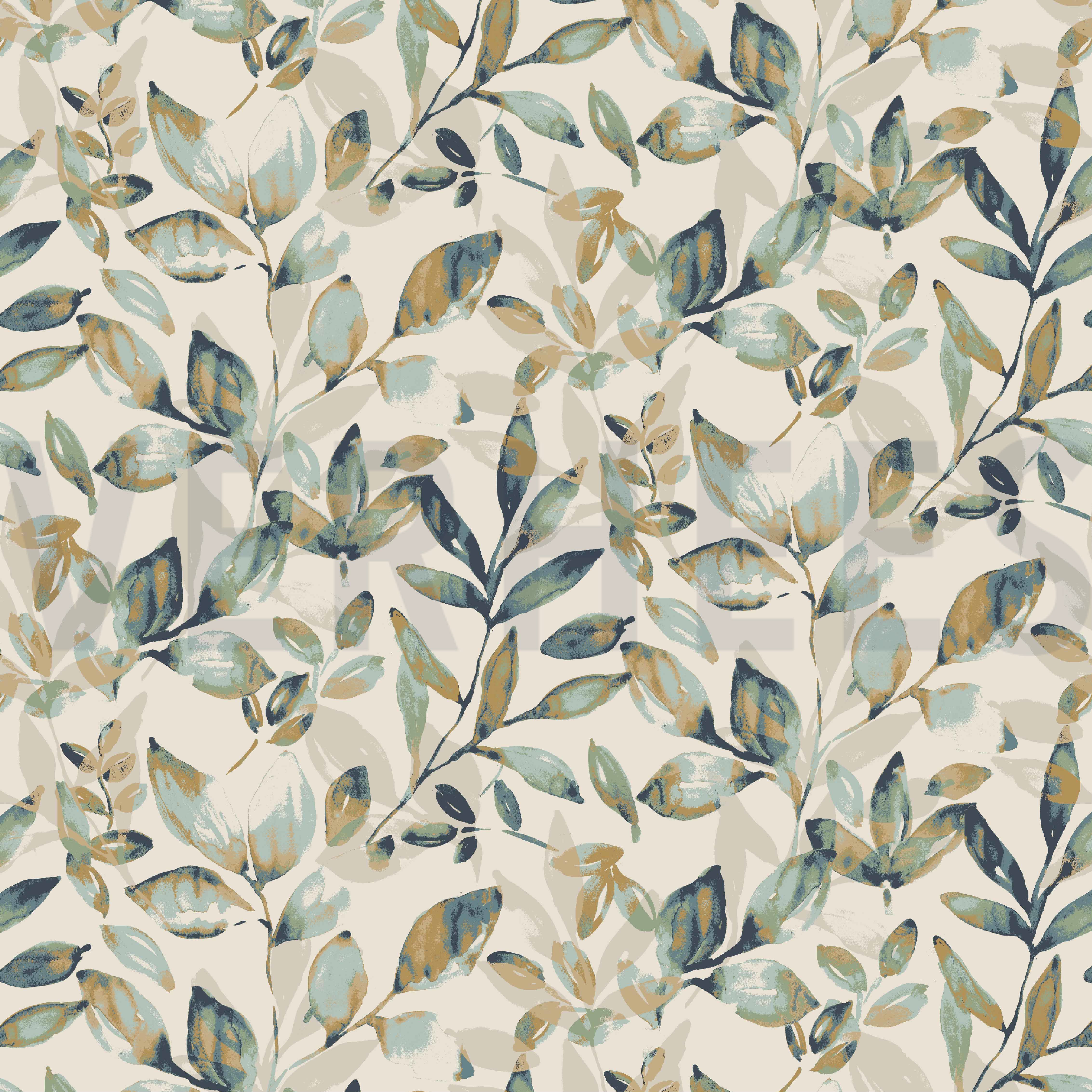 LINEN JERSEY DIGITAL LEAVES OLD GREEN/ OCHRE (high resolution)