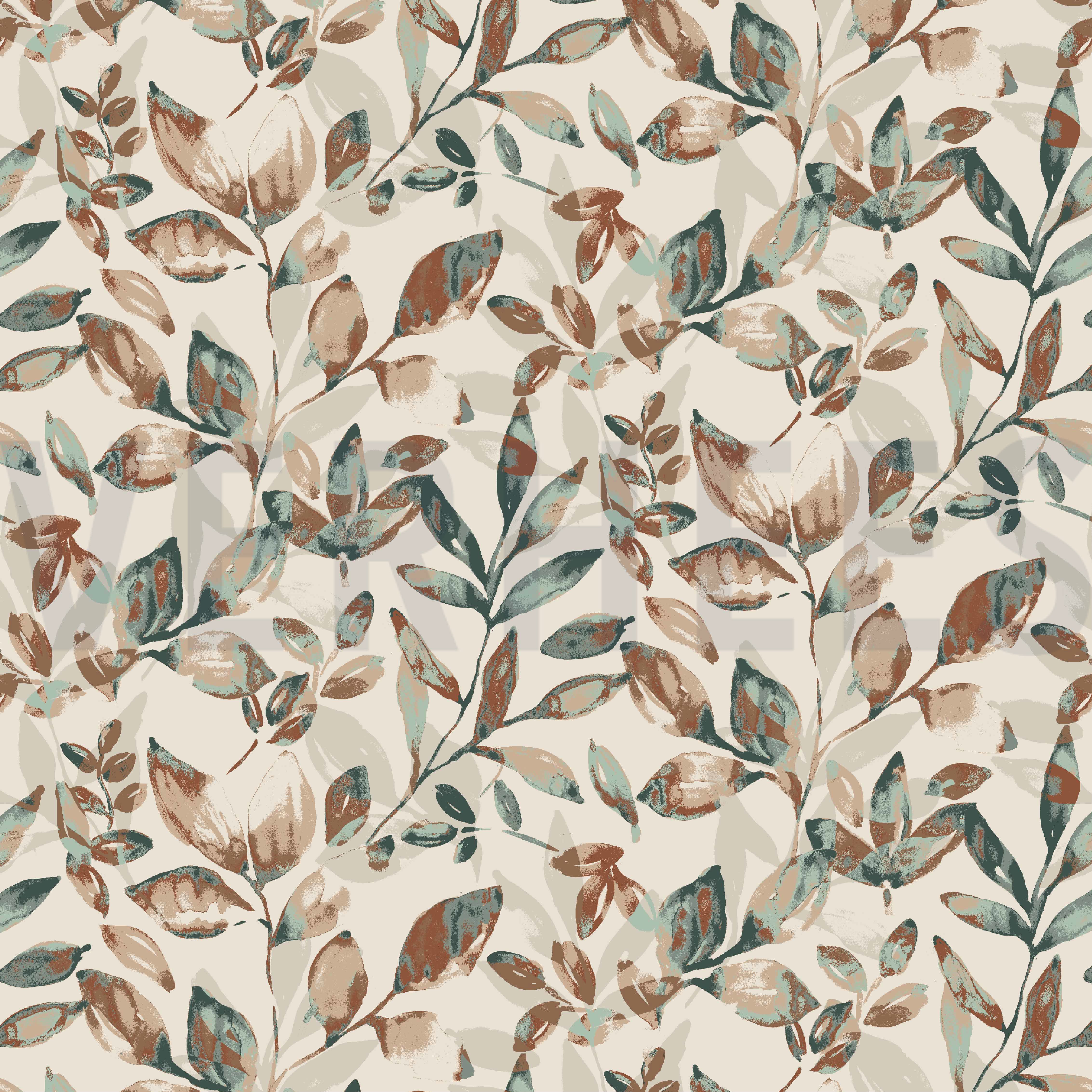 LINEN JERSEY DIGITAL LEAVES DARK GREEN/ TERRACOTTA (high resolution)