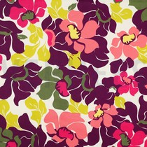 COTTON SATIN ABSTRACT FLOWERS DARK PURPLE / SALMON (thumbnail)