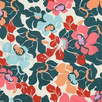 COTTON SATIN ABSTRACT FLOWERS DARK GREEN / PEACH (thumbnail)