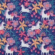 FINE POPLIN FLOWERS AND UNICORNS COBALT (thumbnail)