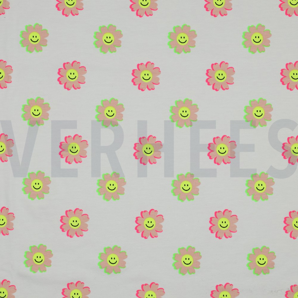 JERSEY NEON HAPPY FLOWERS WHITE