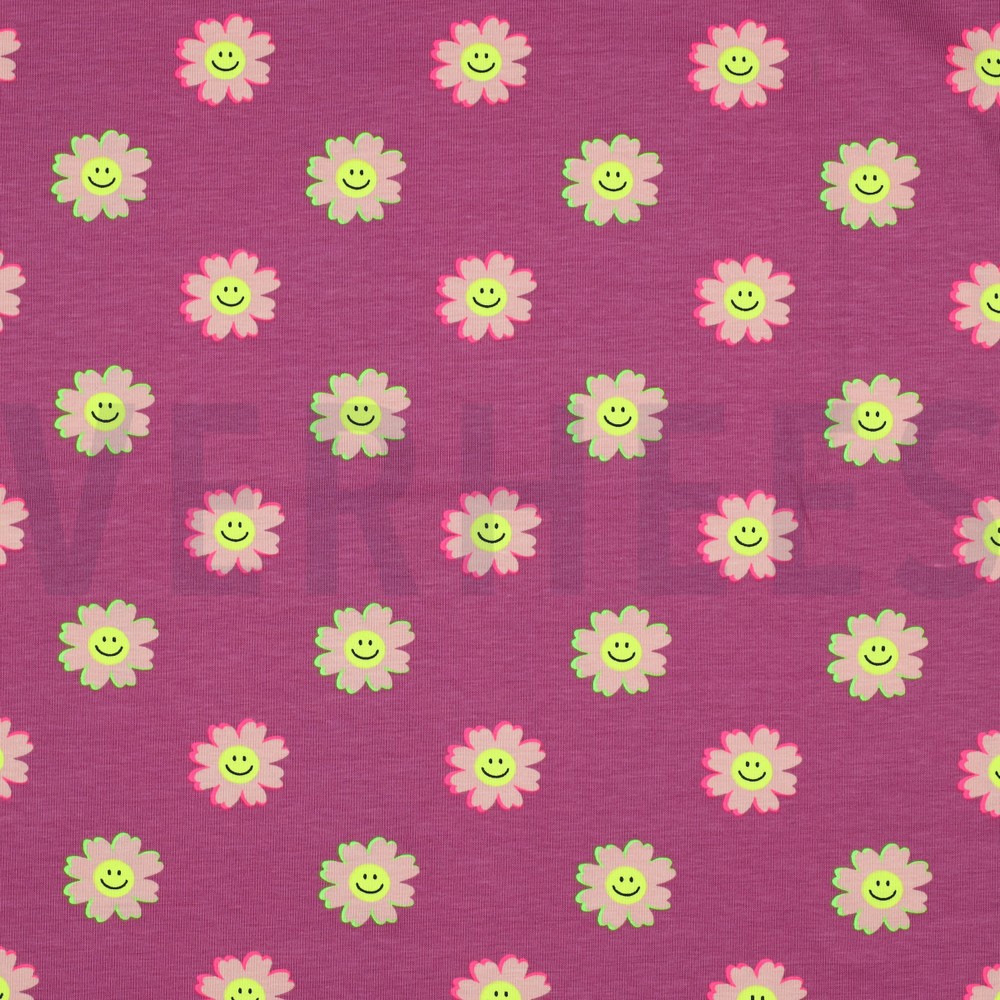 JERSEY NEON HAPPY FLOWERS FUCHSIA (hover)