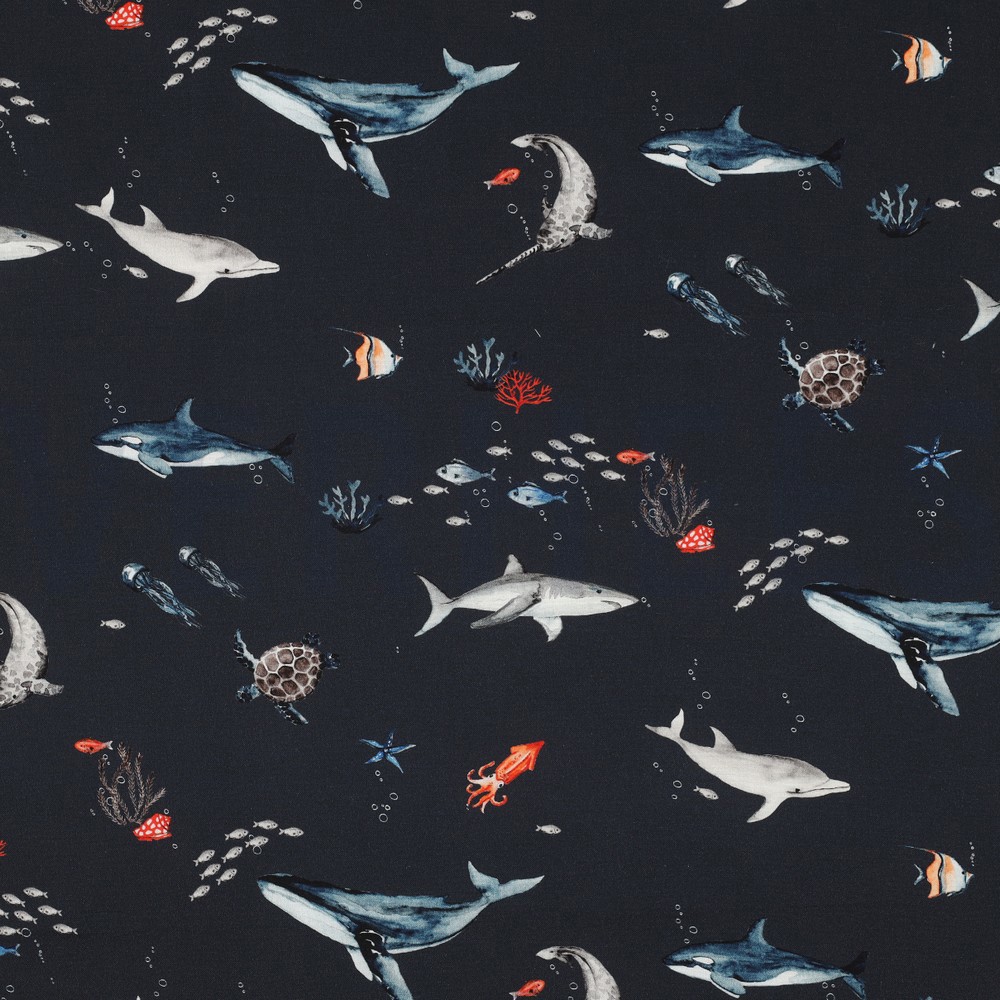 FINE POPLIN DIGITAL OCEAN ANIMALS NAVY