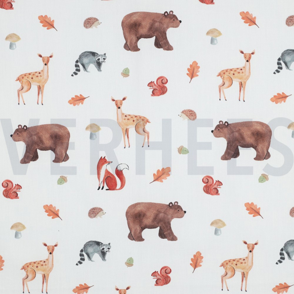 FINE POPLIN DIGITAL FOREST ANIMALS WHITE