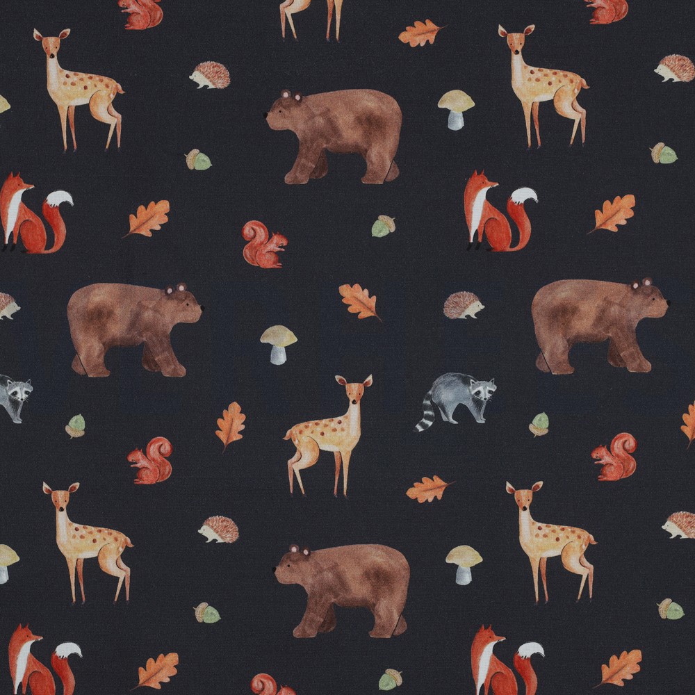 FINE POPLIN DIGITAL FOREST ANIMALS NAVY