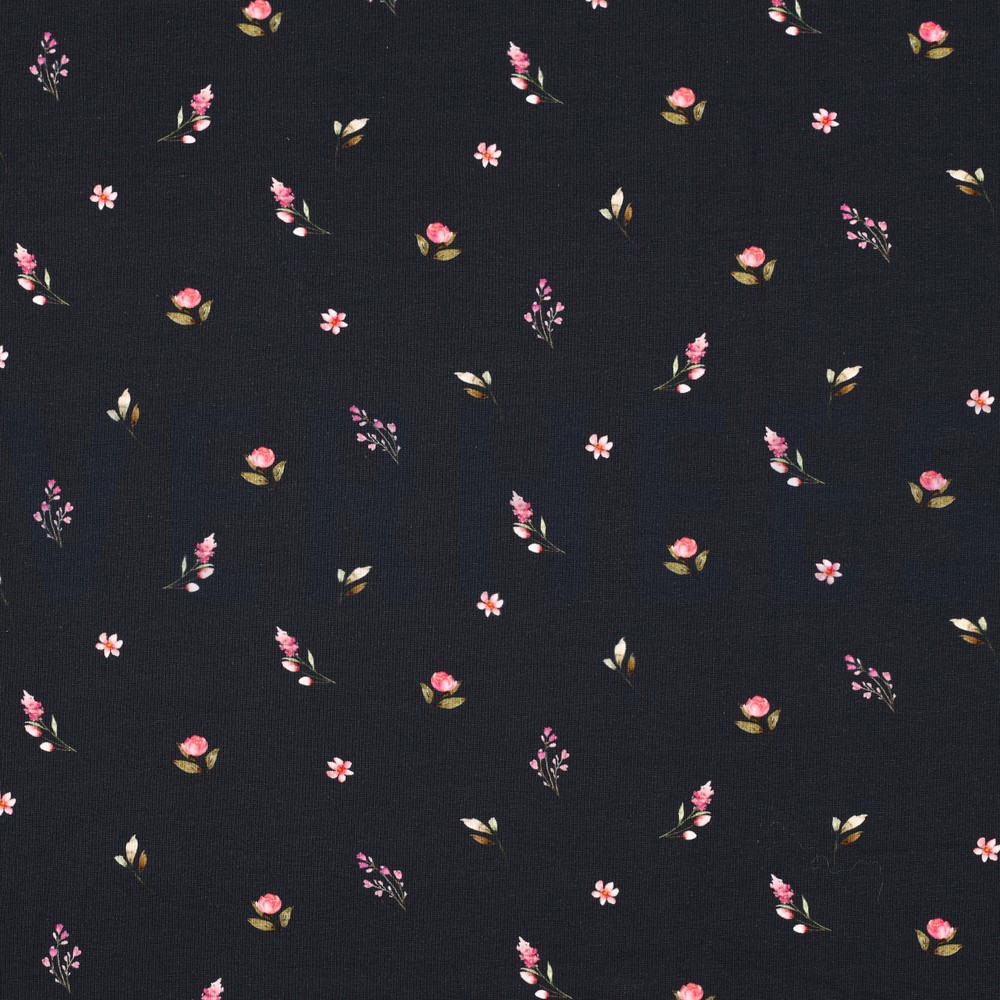 JERSEY DIGITAL RABBITS AND FLOWERS NAVY (hover)