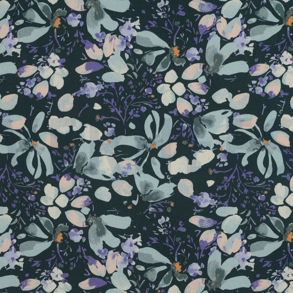 VISCOSE POPLIN STRETCH DIGITAL FLOWERS PETROL (hover)