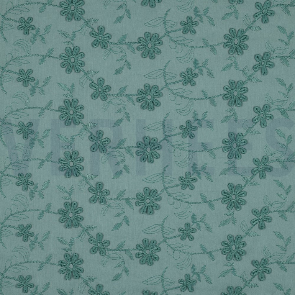 COTTON VOILE EMBROIDERY FLOWERS OLD GREEN