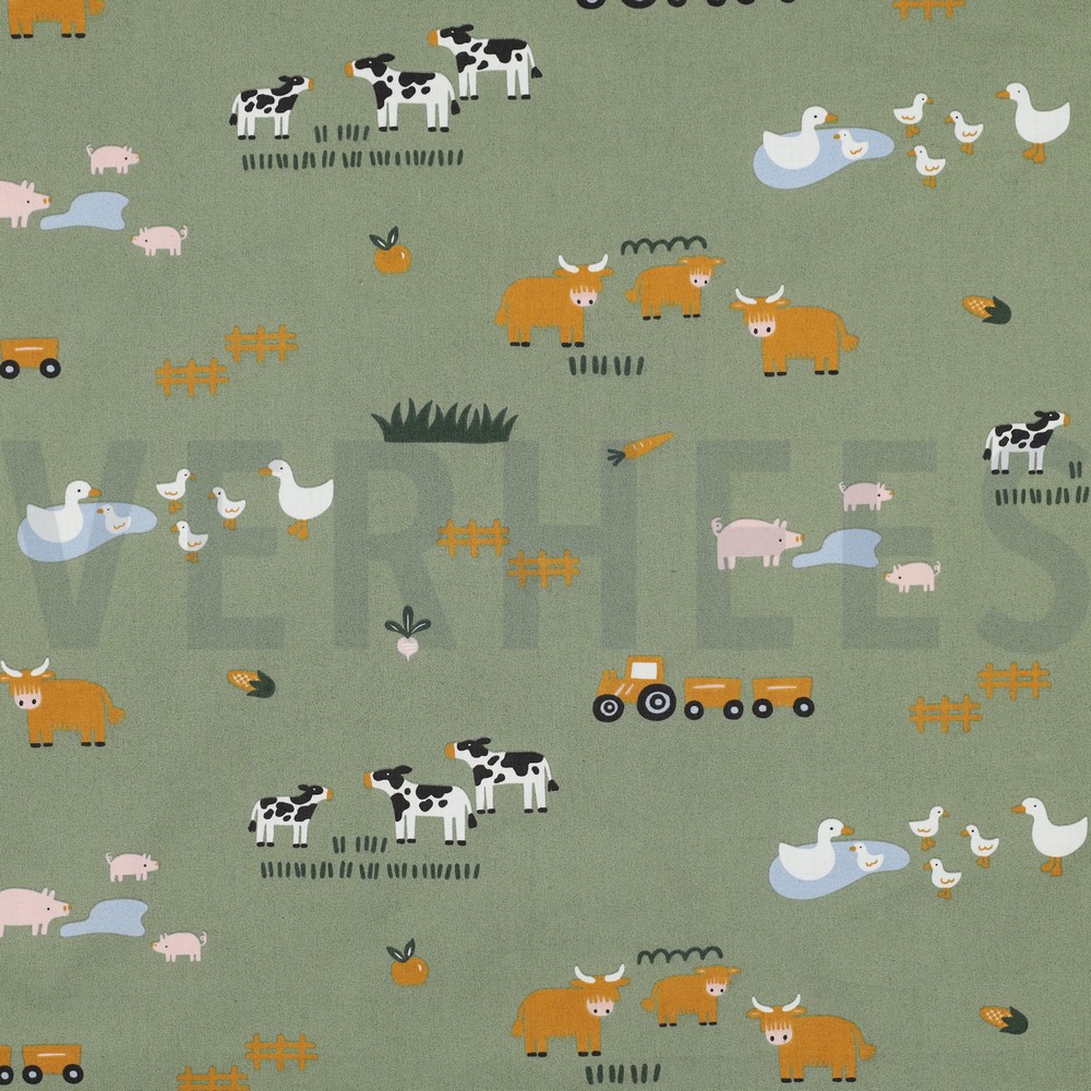 FINE POPLIN FARM ANIMALS ARMY GREEN (hover)