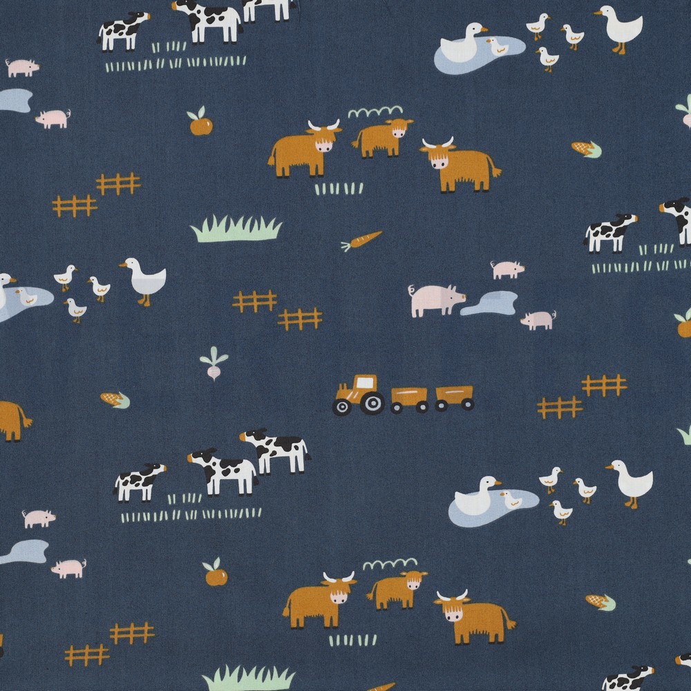 FINE POPLIN FARM ANIMALS BLUE