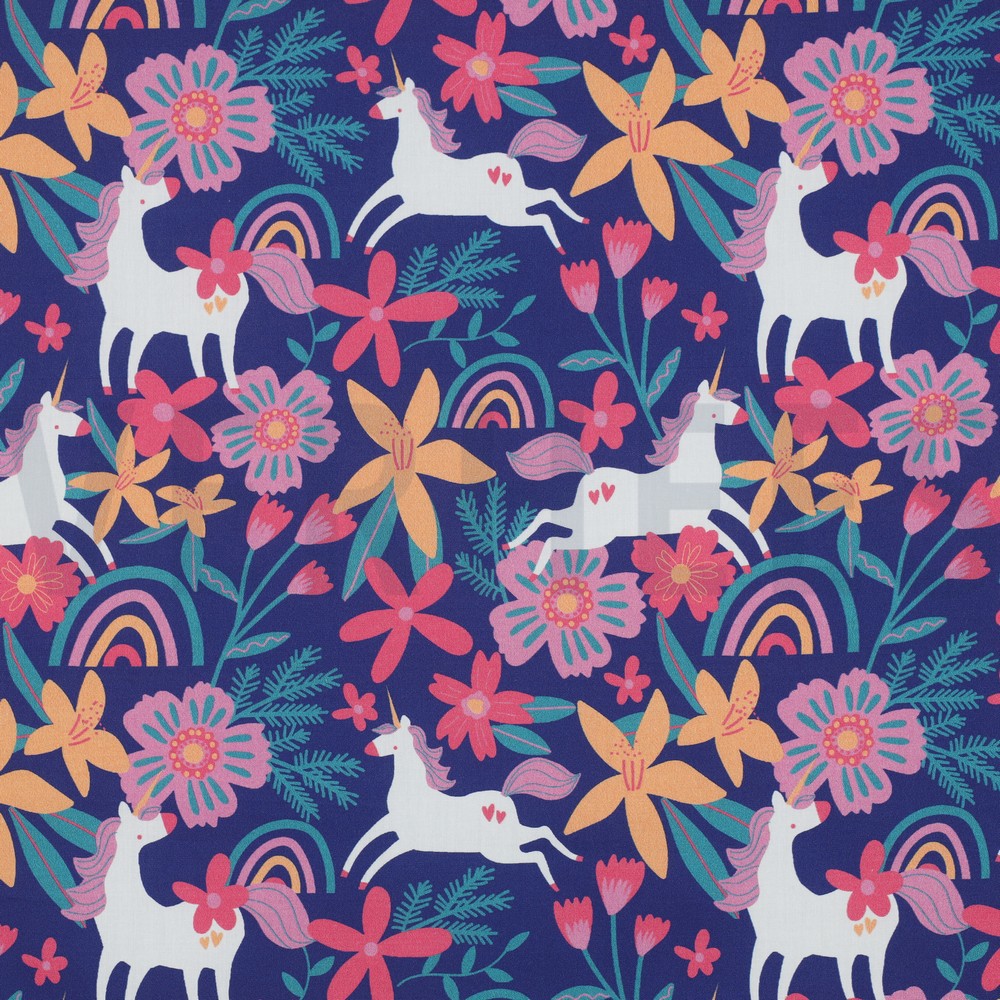 FINE POPLIN FLOWERS AND UNICORNS COBALT (hover)