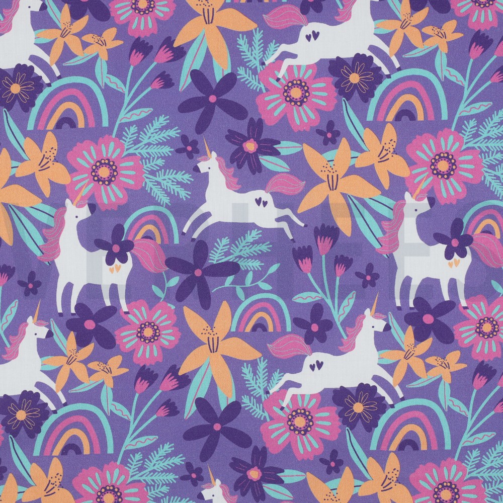 FINE POPLIN FLOWERS AND UNICORNS LAVENDER