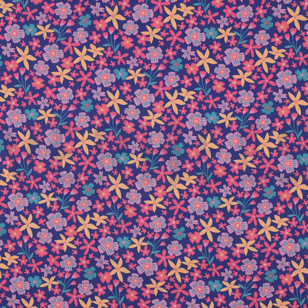 FINE POPLIN FLOWERS AND UNICORNS COBALT (hover)