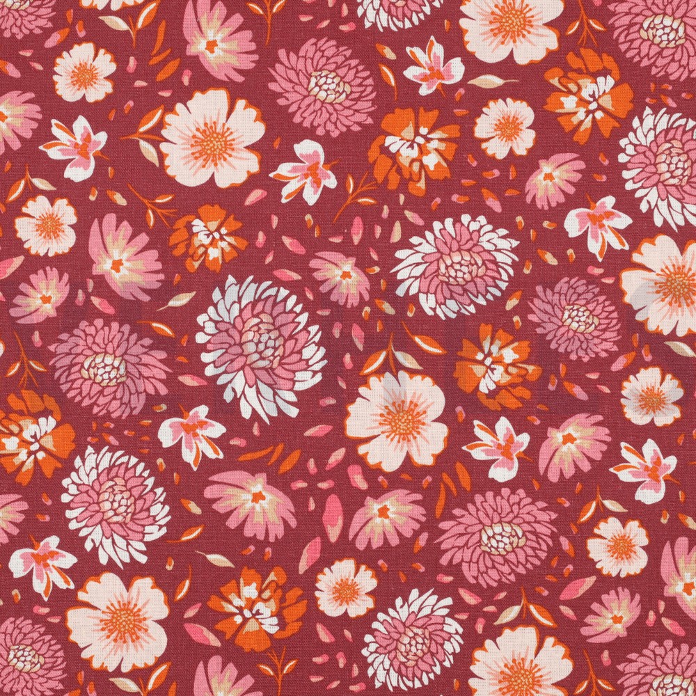 LINEN VISCOSE WASHED FLOWERS DARK CORAL