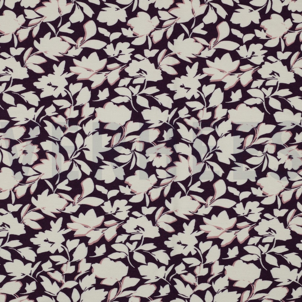 BAMBOO COTTON JERSEY FLOWERS DARK PURPLE