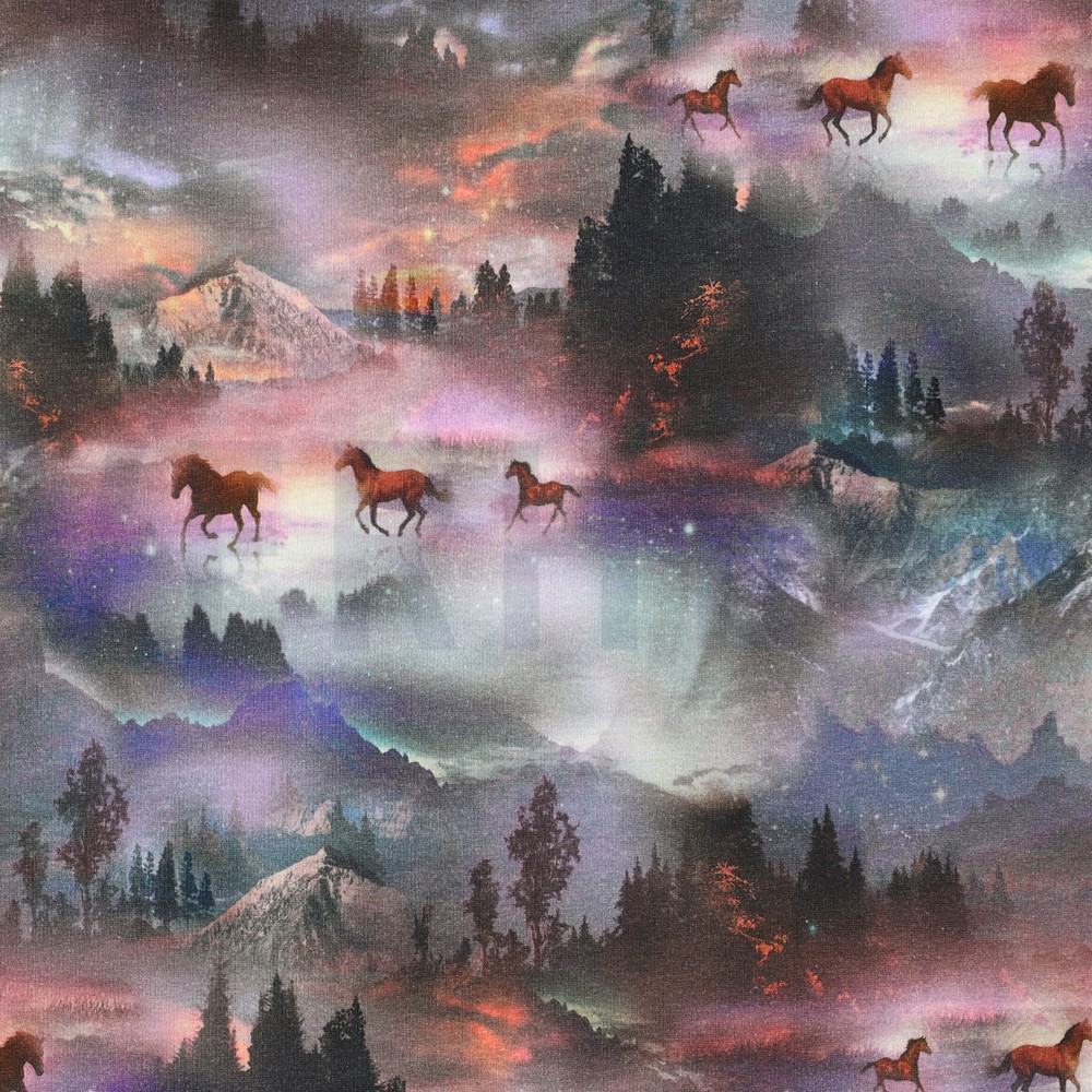 FRENCH TERRY DIGITAL MYSTICAL HORSES LIGHT LAVENDER