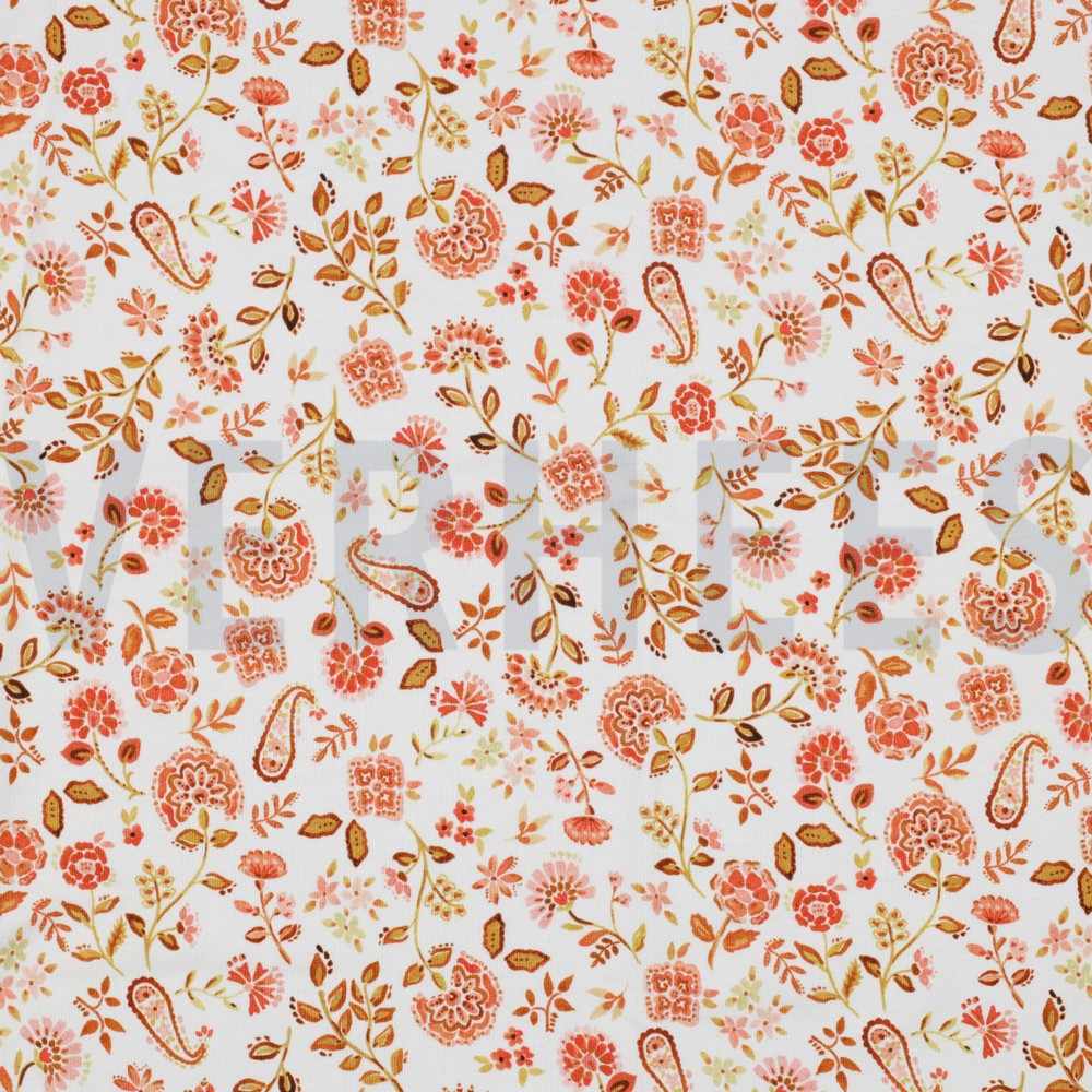 JERSEY DIGITAL PAISLEY FLOWERS WHITE PEACH (hover)