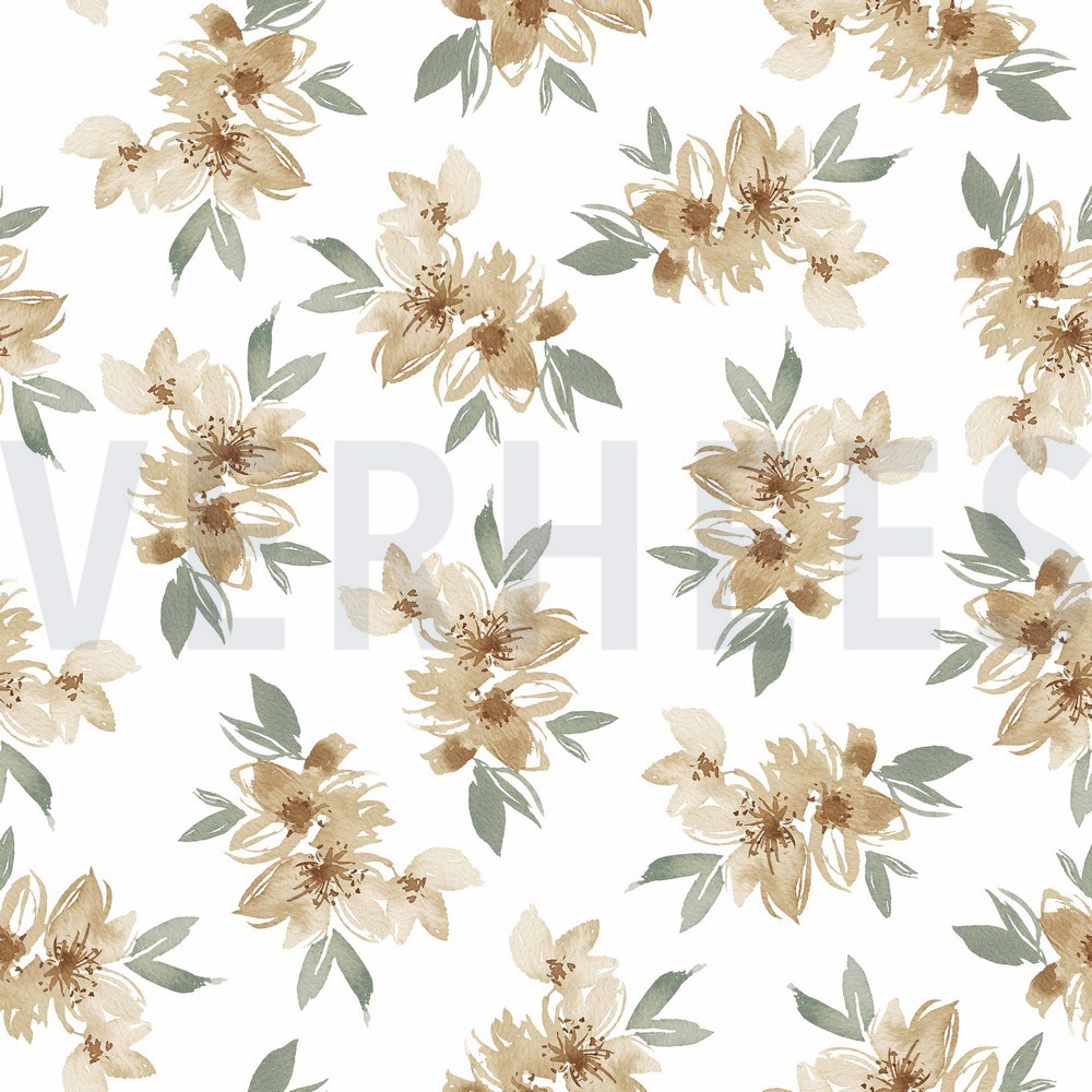 JERSEY DIGITAL FLOWERS AND LEAVES WHITE/GREEN (hover)