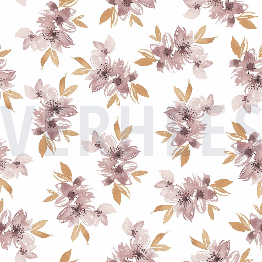 JERSEY DIGITAL FLOWERS AND LEAVES WHITE/OLD BLUSH