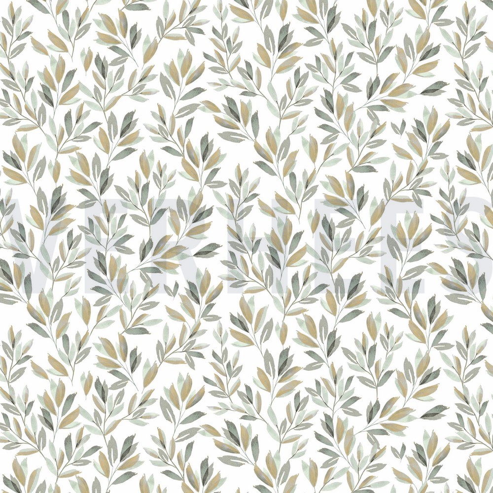 JERSEY DIGITAL FLOWERS AND LEAVES WHITE/GREEN (hover)