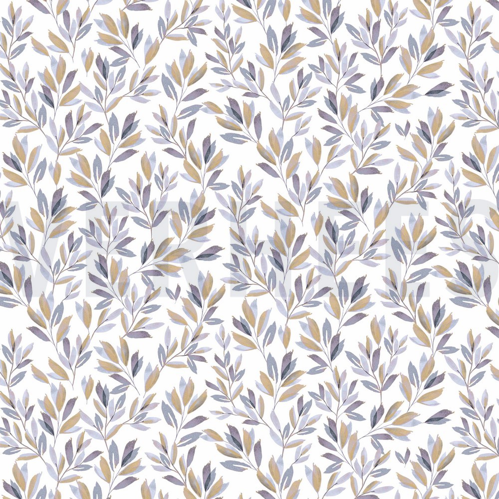 JERSEY DIGITAL FLOWERS AND LEAVES WHITE/LAVENDER